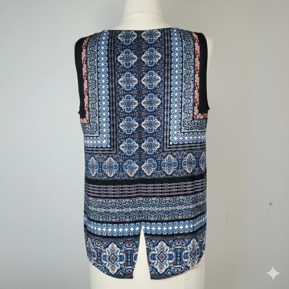 ReneeC. Size L Cami Top Blouse Sleeveless Tank Handkerchief Mandala Boho Blue